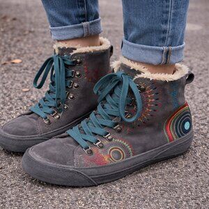 Desigual Embroidered Faux Fur Lined High Top Sneakers Gray EU 39 Boho